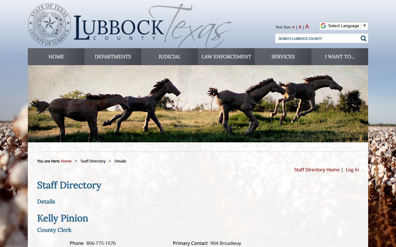 Lubbock County County Clerk Kelly Pinion staff directory page on lubbockcounty.gov
