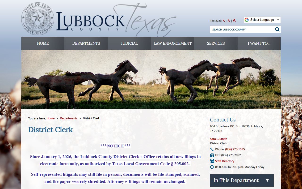 Lubbock County District Clerk official page showing Sara L. Smith and court list