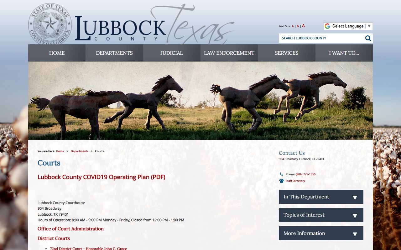 Lubbock County District Court county courts landing page with courthouse address