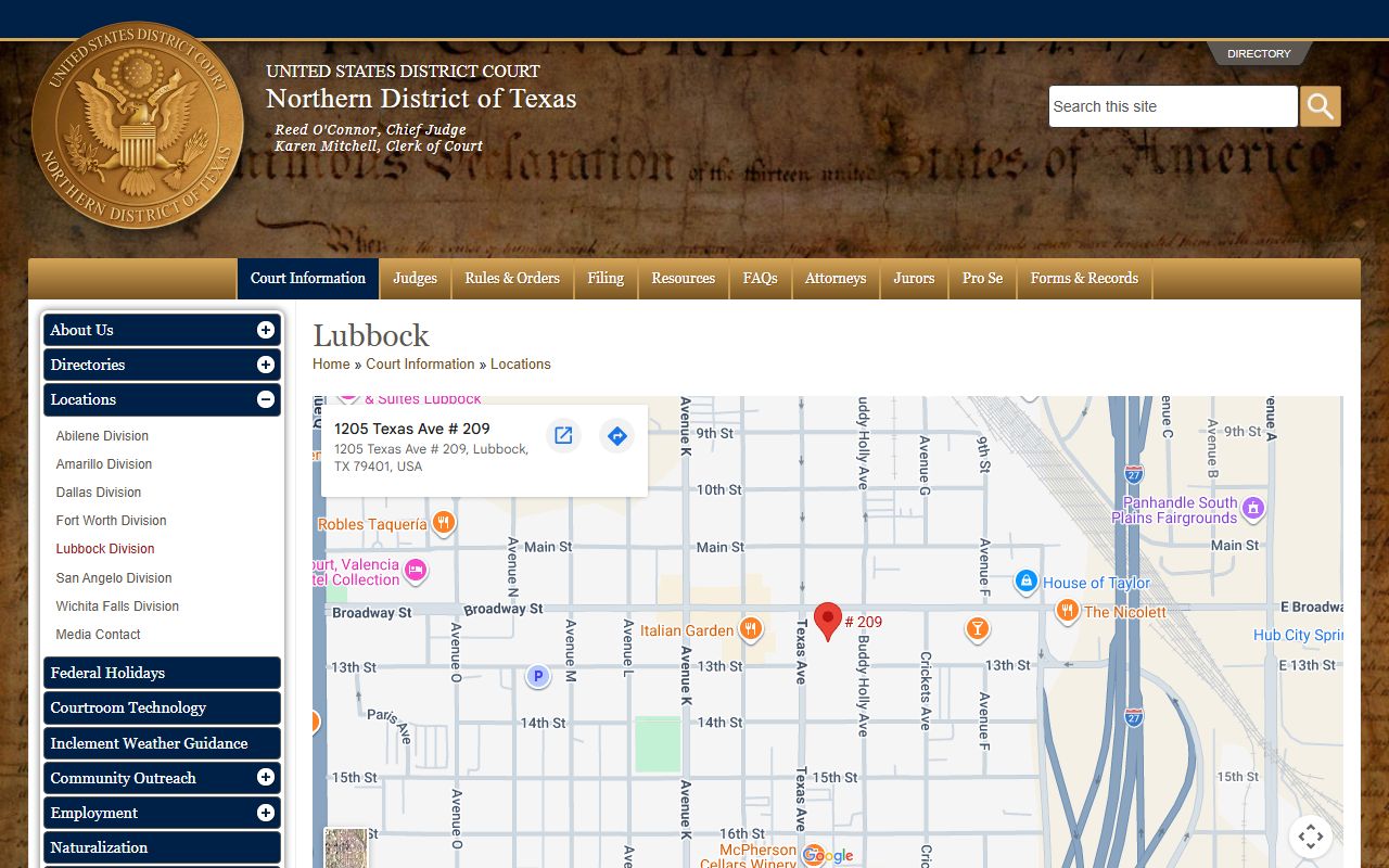 Federal courthouse Lubbock location page distinct from the Lubbock County District Court