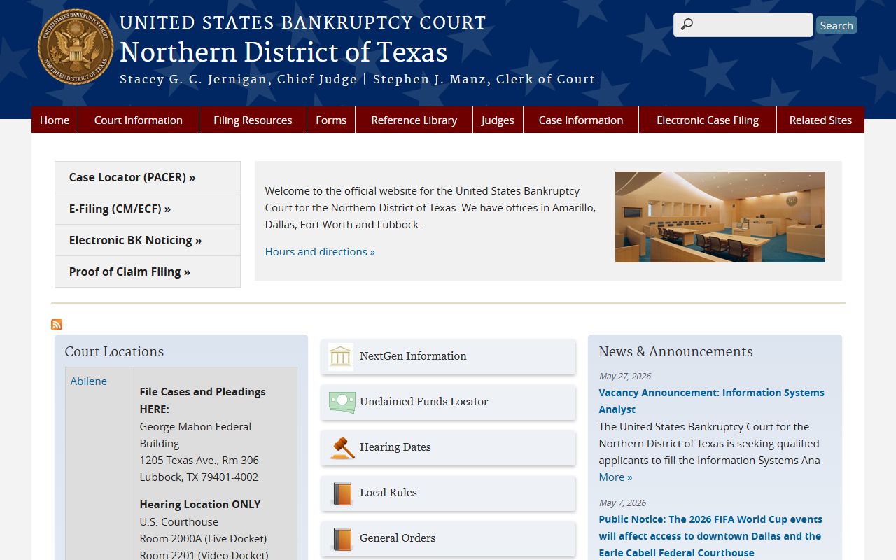 U.S. Bankruptcy Court Northern District of Texas page separate from Lubbock County District Court
