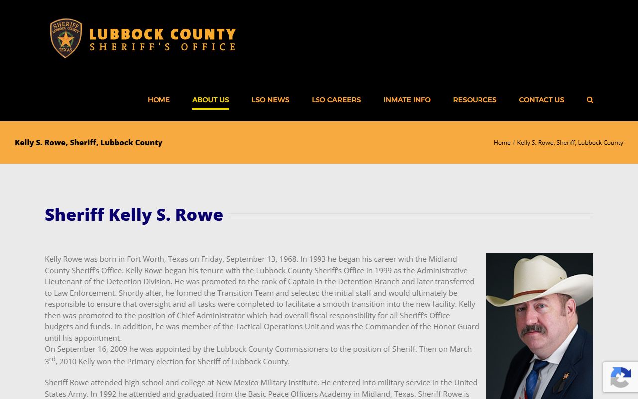 Lubbock County Sheriff Kelly S. Rowe biography tied to the jail and inmate operations