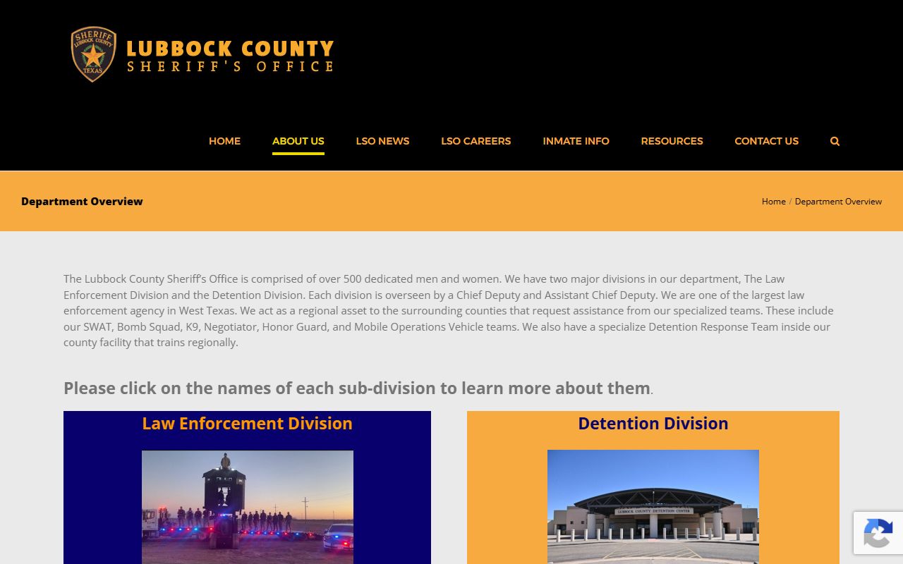 Lubbock County Sheriff divisions page explaining inmate detention work