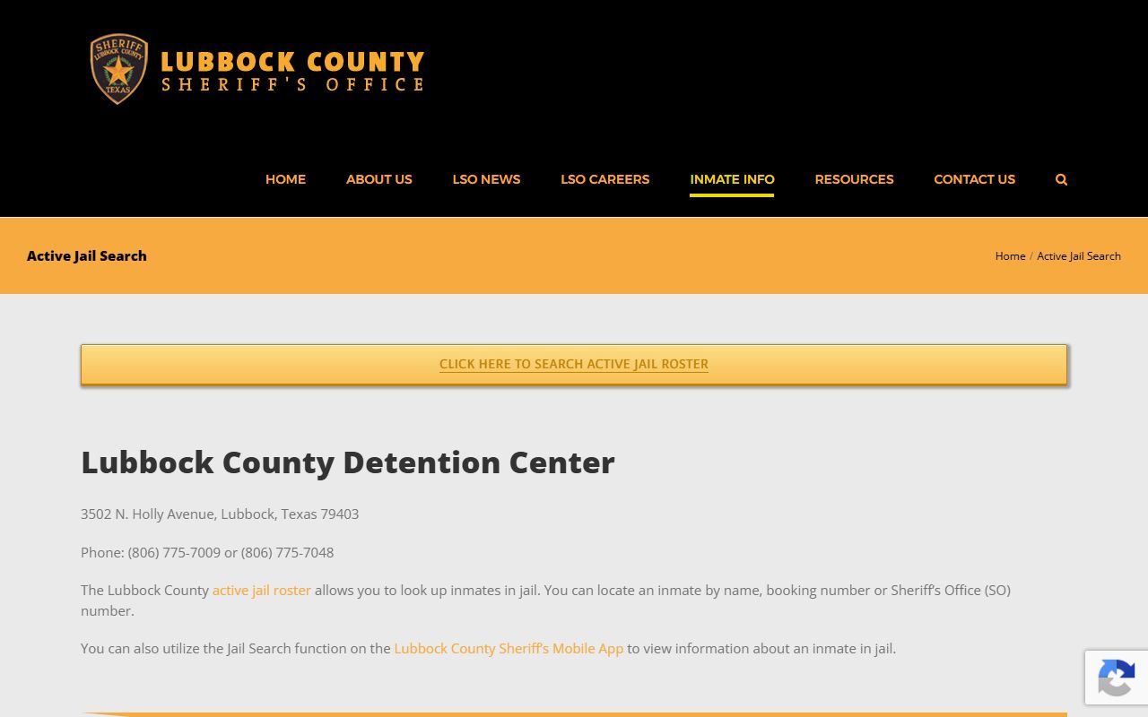 Lubbock County active jail roster page for an inmate search