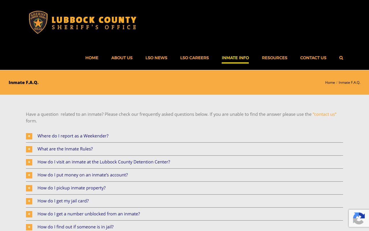 Lubbock County inmate FAQ with visitation, money, and mail rules