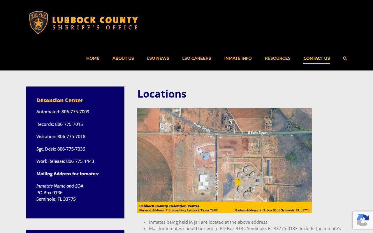 Lubbock County Sheriff contact page with inmate mail and open records details