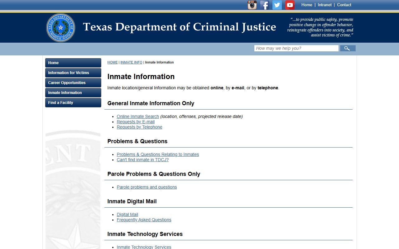 TDCJ offender information page for Lubbock County inmates moved to state prison
