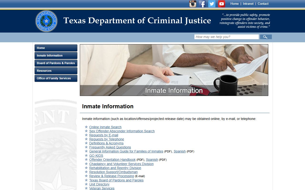 TDCJ inmate search page for a former Lubbock County inmate