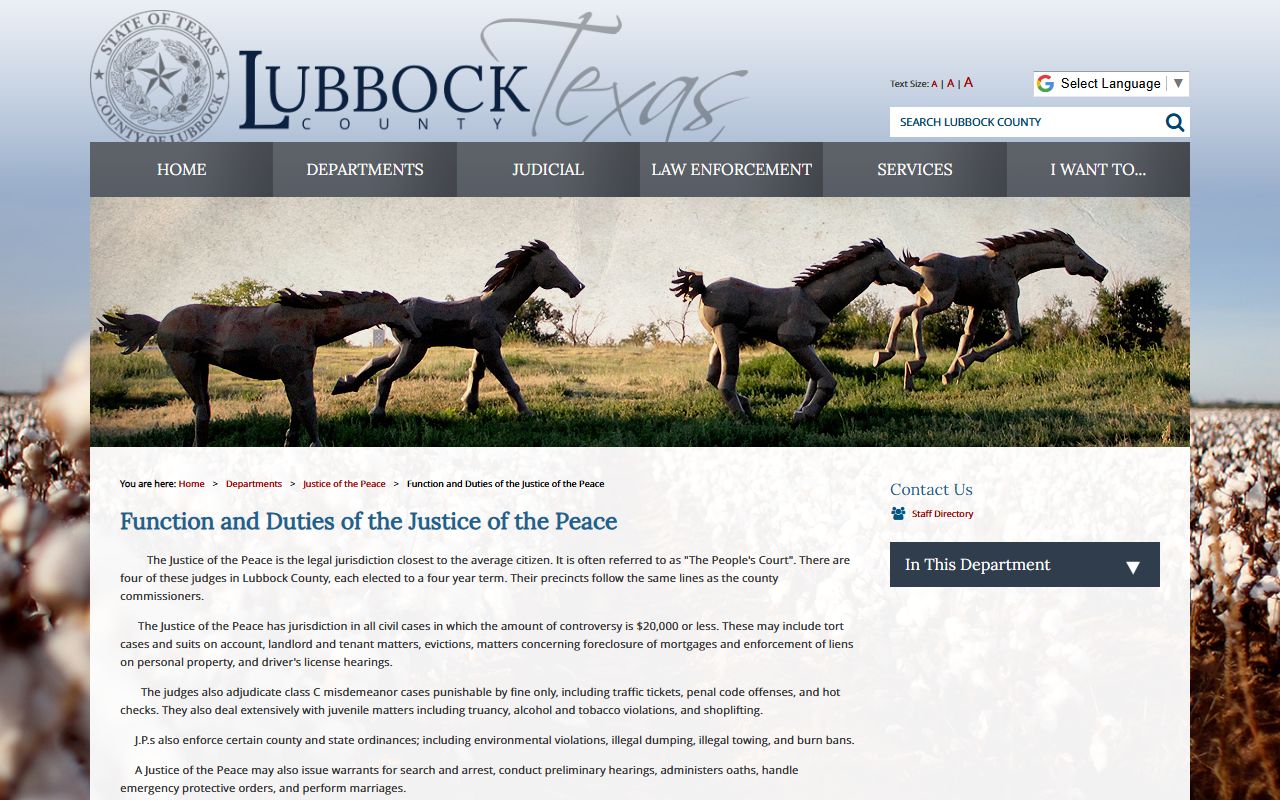 Lubbock County marriage and divorce records context on the JP duties page