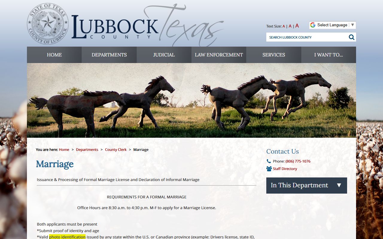 Lubbock County marriage records requirements and certified copy instructions